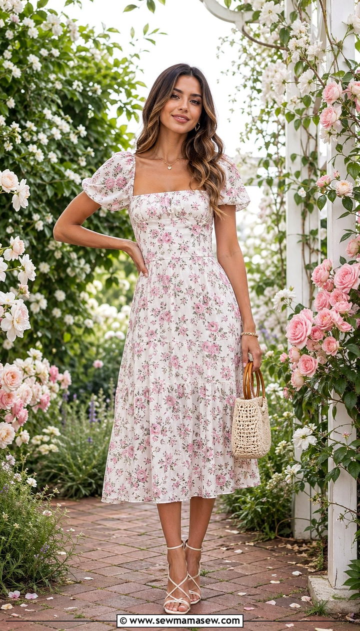 Floral Midi Dress With Puff Sleeves And Heels - 35 romantic outfits for women