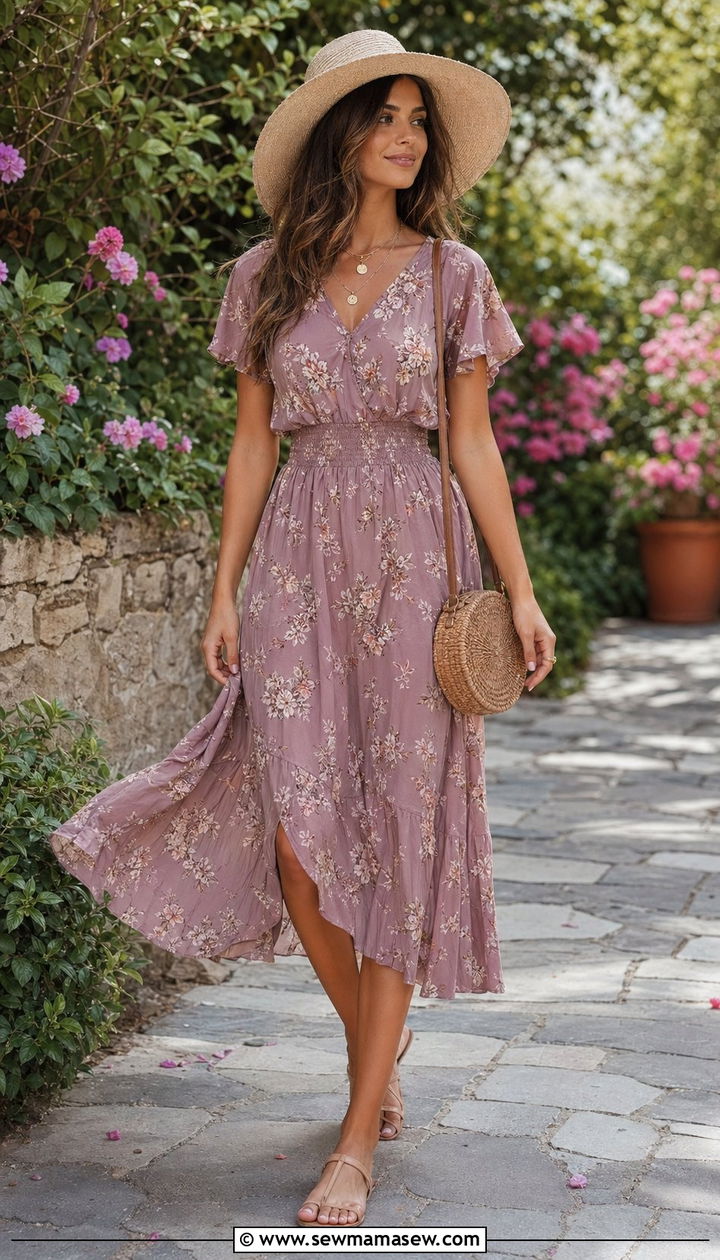 Floral Midi Dress With Straw Bag And Sandals - 30 Aesthetic summer outfit ideas 2026