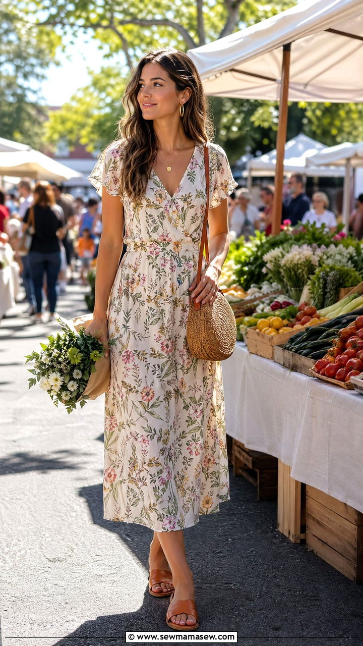 Floral Midi Dress With Straw Bag - 35 Classy summer outfit ideas 2026