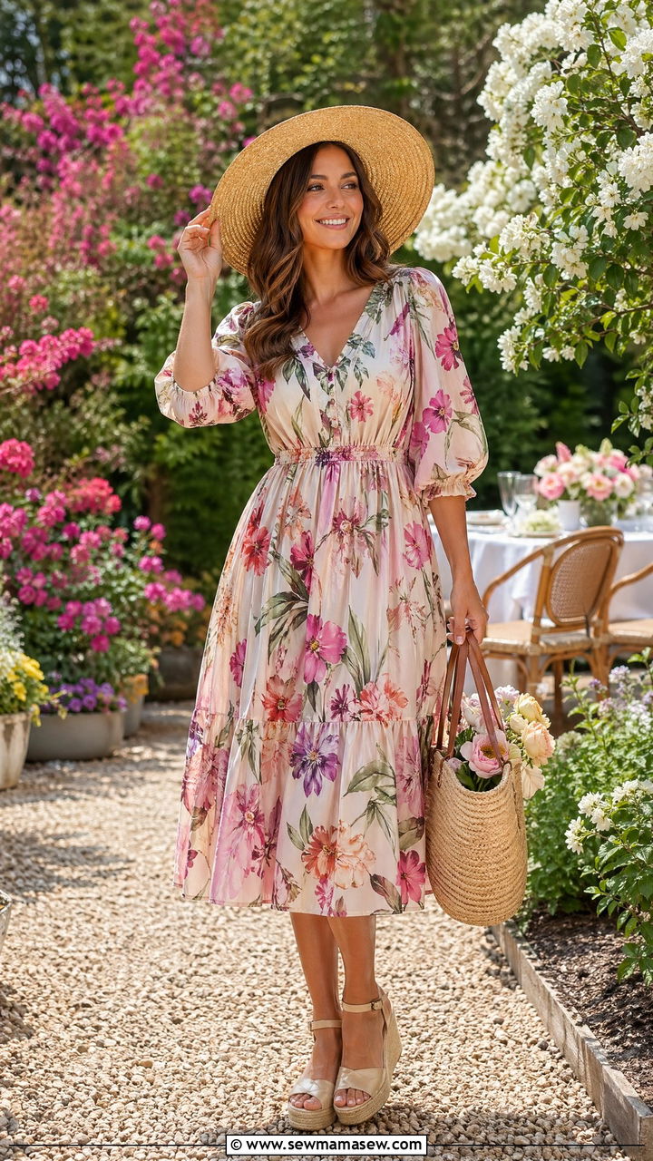 Floral Midi Dress With Straw Hat And Espadrille Wedges - 35 spring feminine outfit ideas