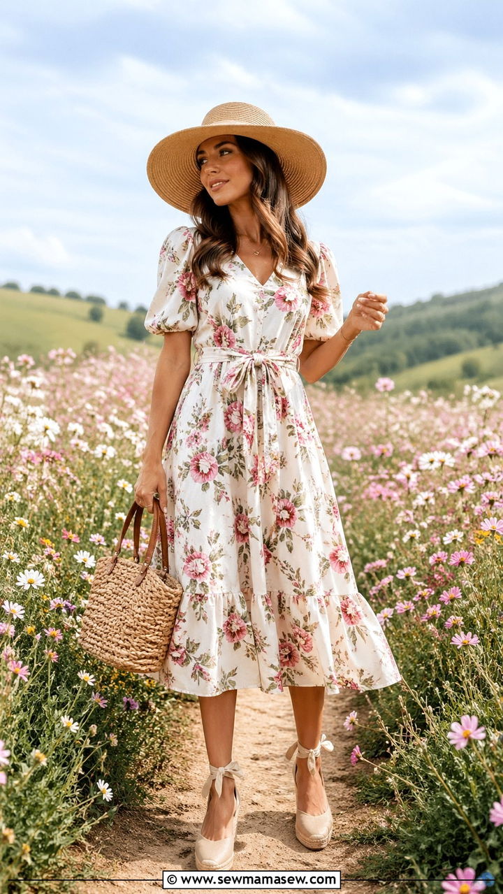 Floral Midi Dress With Straw Hat And Espadrille Wedges - 30 Spring countryside outfits