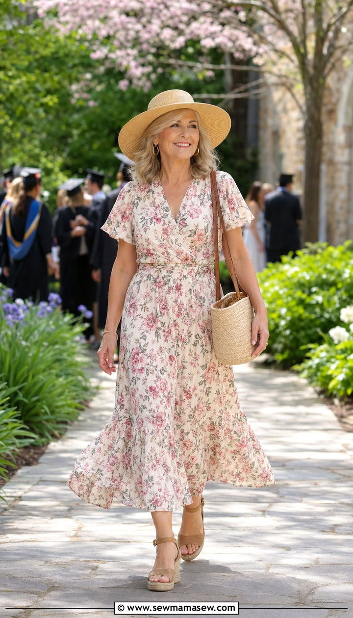 Floral Midi Dress With Straw Hat And Wedges - 35 Graduation outfits for women over 50