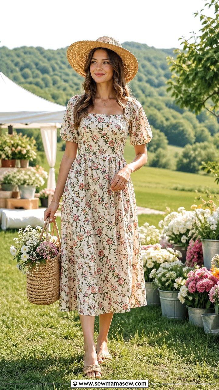 Floral Midi Dress With Straw Hat And Woven Tote - 30 spring cottagecore outfits