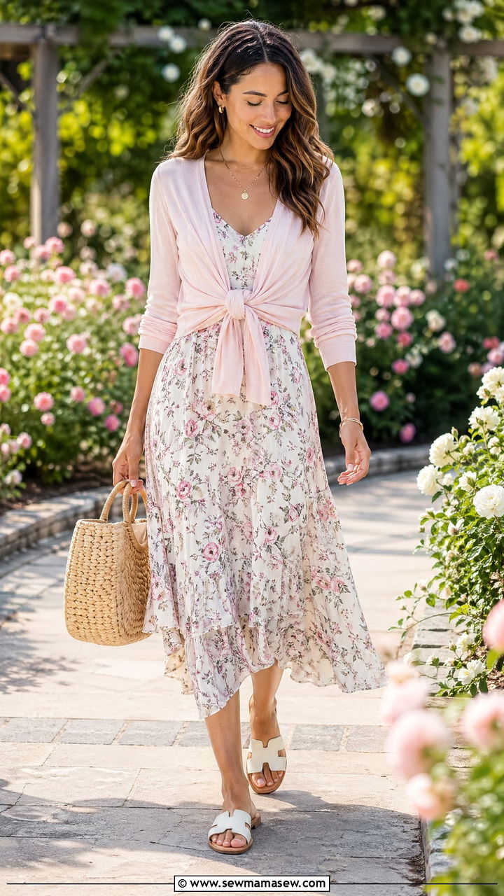 Floral Midi Dress With Tie Front Cardigan And Woven Bag - 35 spring parisian outfit ideas