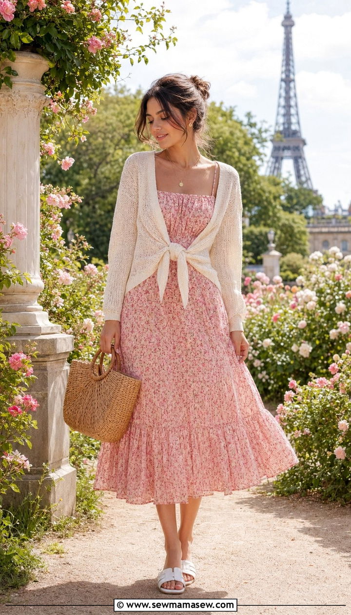 Floral Midi Dress With Tie Front Cardigan and Woven Bag - 35 Parisian spring outfit ideas