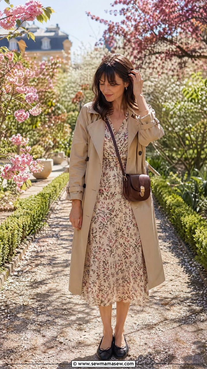 Floral Midi Dress With Trench Coat and Ballet Flats - 35 spring french girl outfit ideas