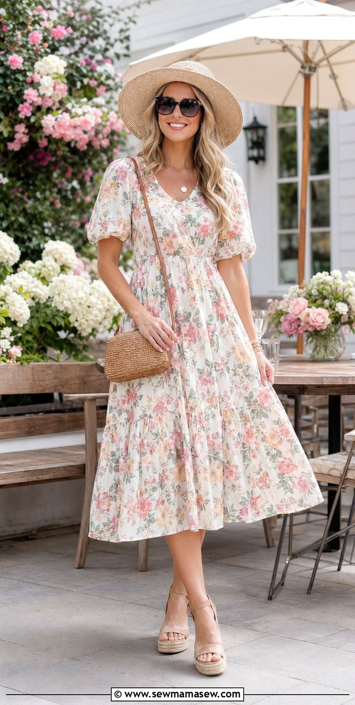 Floral Midi Dress With Wedge Sandals - 30 What to wear to spring brunch