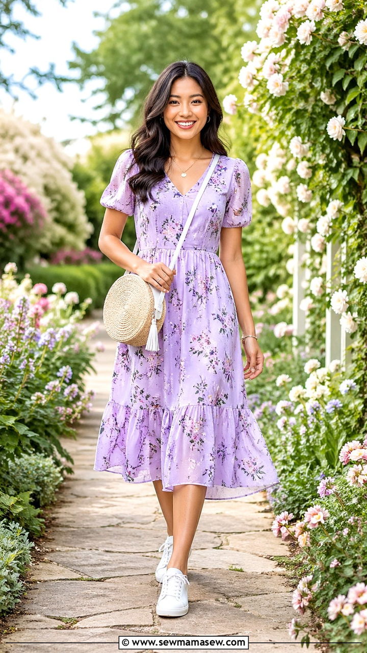Floral Midi Dress With White Sneakers Outfit Petite - 30 Spring capsule wardrobe for petite women