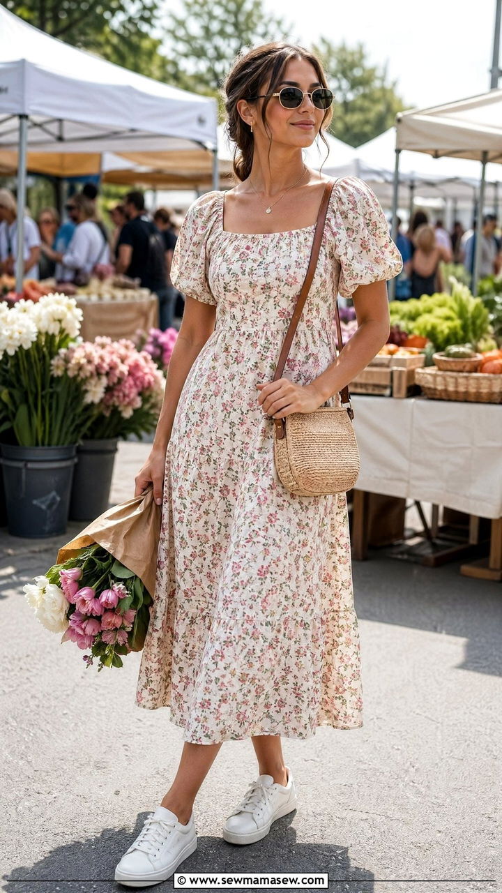 Floral Midi Dress With White Sneakers Outfit - 35 spring outfits for young adults
