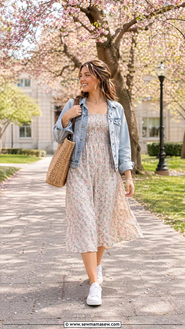 Floral Midi Dress With White Sneakers - 35 college outfits 2026