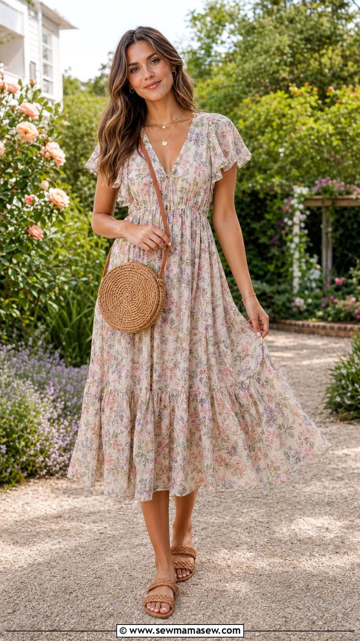 Floral Midi Dress With Woven Sandals - 35 Romantic spring outfits