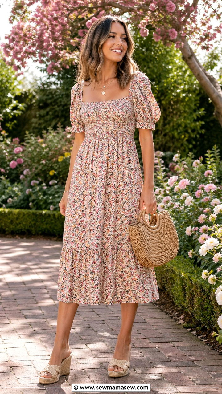 Floral Midi Dress With Woven Wedges - 30 Spring boho outfits 2026