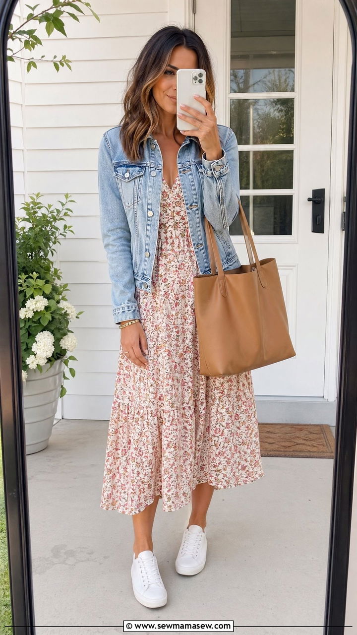 Floral Midi Dress With a Denim Jacket - 35 Spring outfits for busy moms