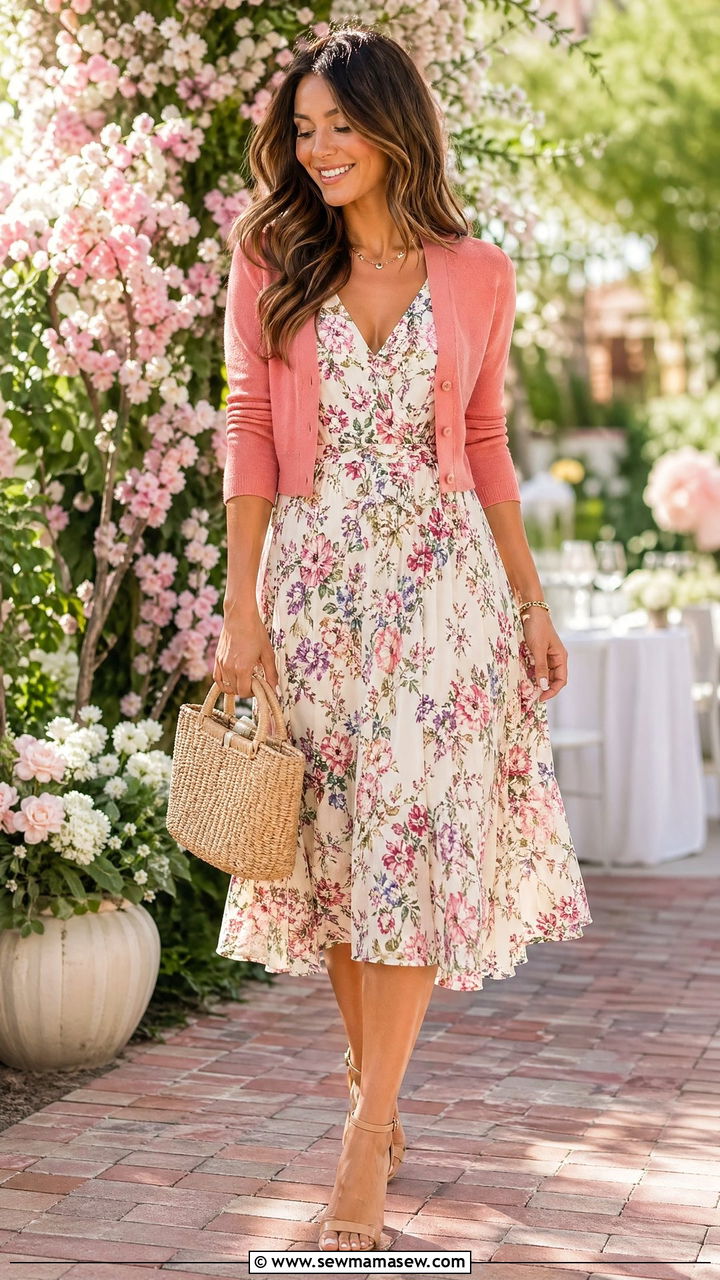 Floral Midi Dress and Cropped Cardigan Outfit - 35 spring girls night out outfit ideas