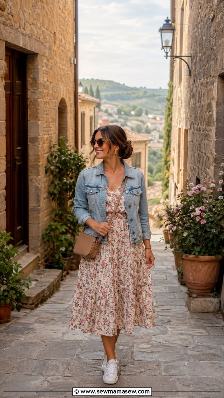 Floral Midi Dress and Denim Jacket Italy Spring - 30 spring italy vacation outfit ideas