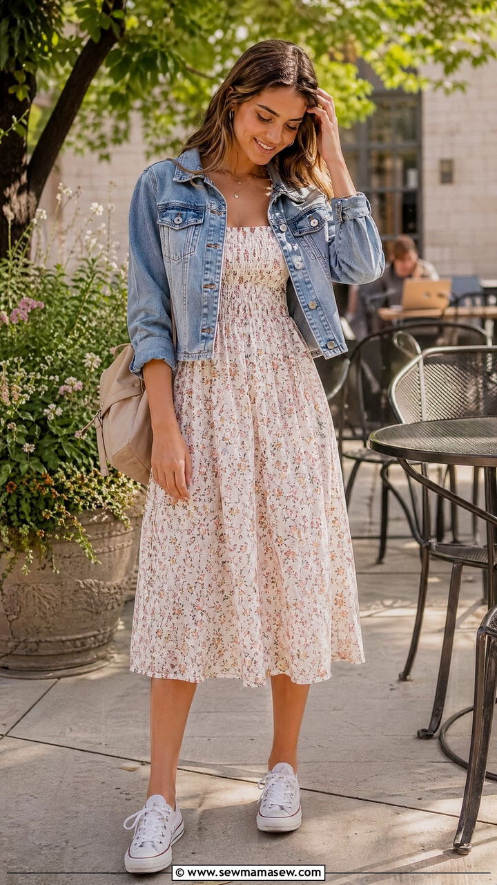 Floral Midi Dress and Denim Jacket Outfit - 35 Cute college outfit ideas
