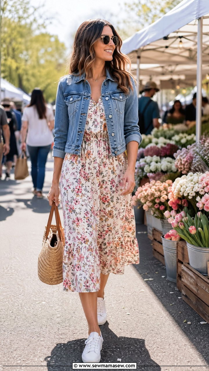 Floral Midi Dress and Denim Jacket Spring Outfit - 35 spring outfit ideas casual