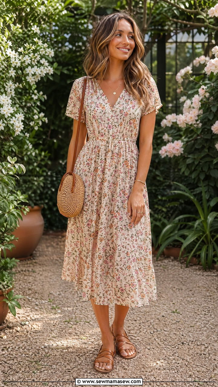Floral Midi Dress and Leather Sandals Outfit - 35 Summer wardrobe ideas