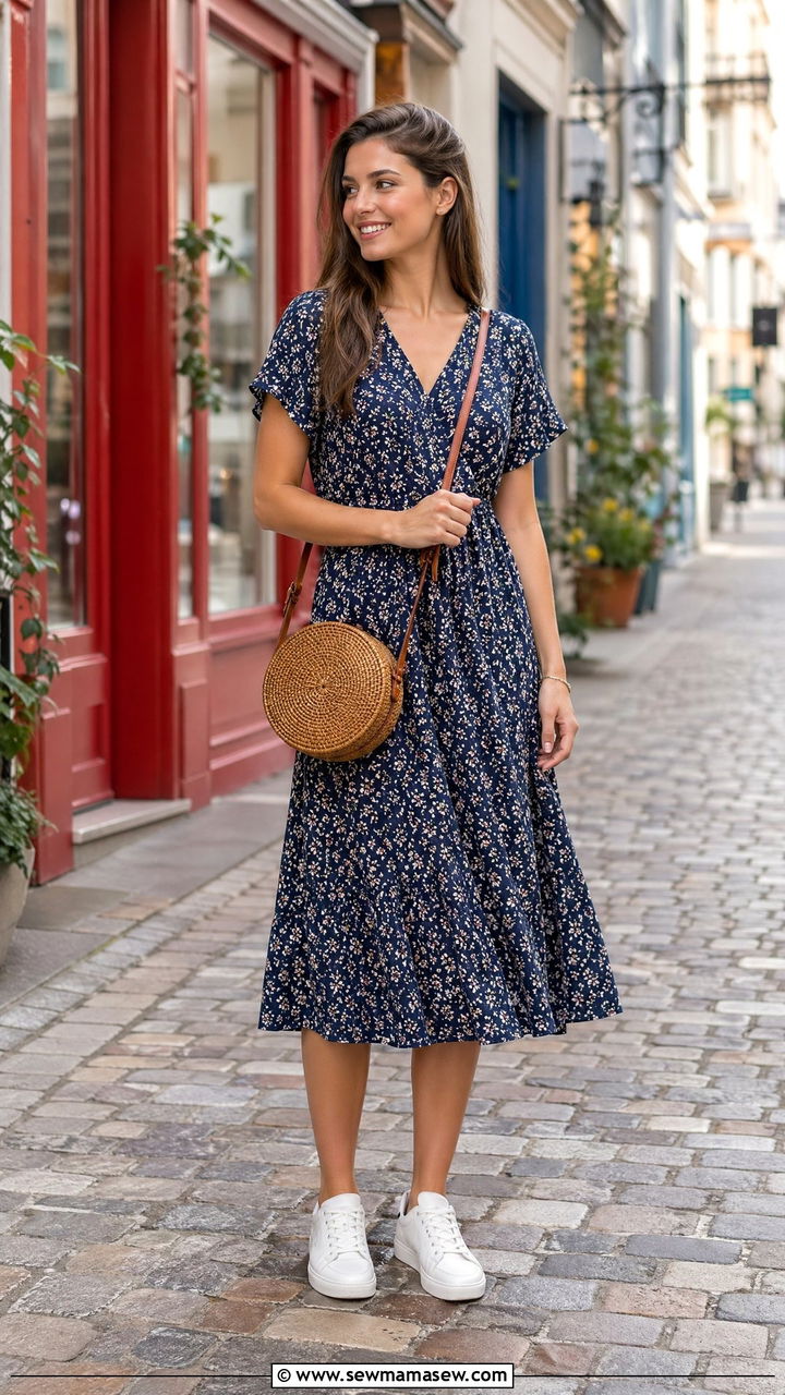 Floral Midi Dress and White Sneakers Scandi Summer Look - 35 summer scandinavian outfit ideas