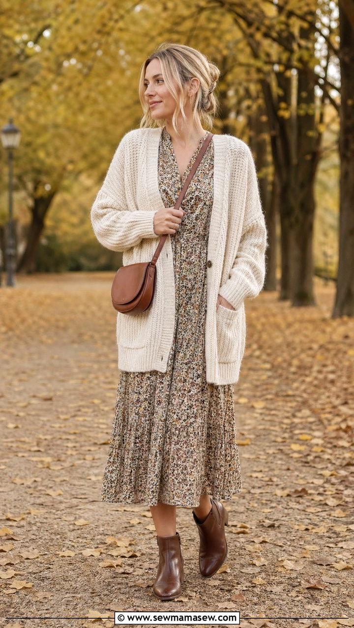 Floral Midi Dress and Wool Cardigan Outfit - 35 scandinavian outfits for women