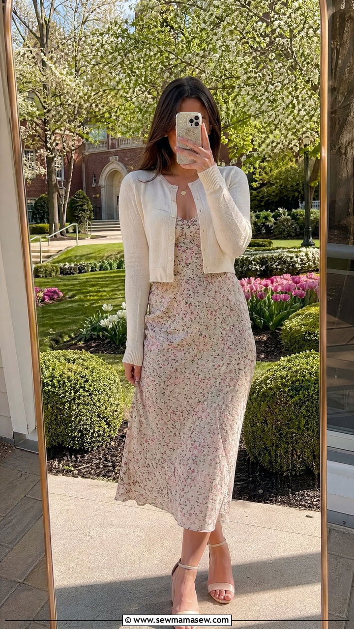 Floral Midi Dress and a Cropped Cardigan - 35 classy graduation outfits
