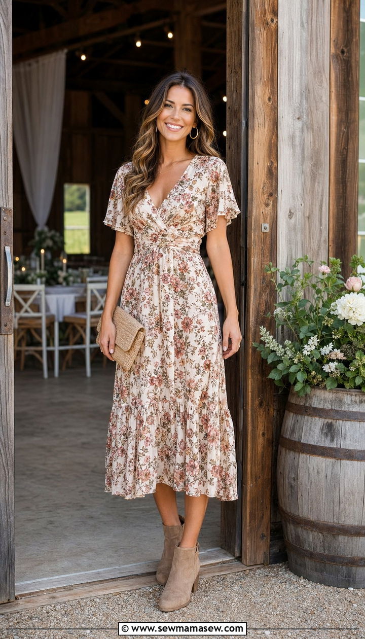 Floral Midi Dress with Ankle Boots - 30 Barn wedding guest outfits