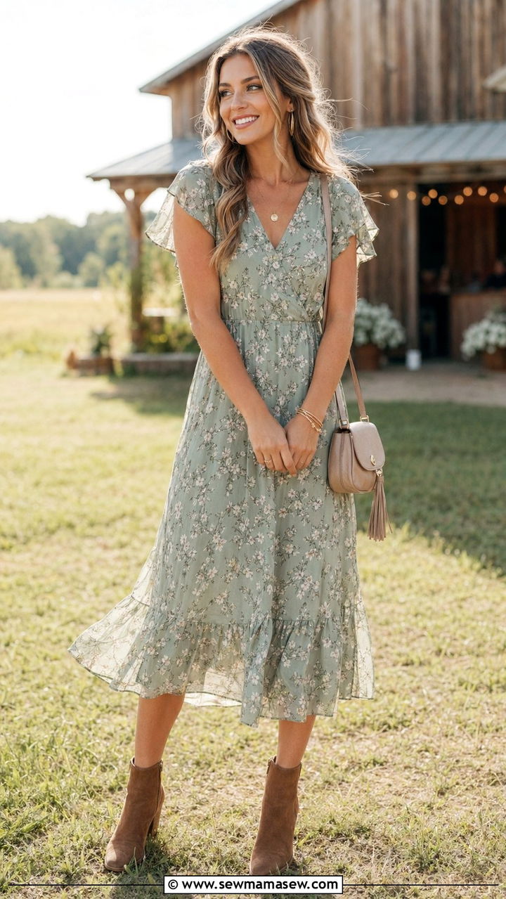 Floral Midi Dress with Ankle Boots - 30 Barn wedding guest outfit ideas