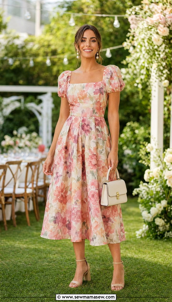 Floral Midi Dress with Block Heels - 30 Backyard wedding guest outfits
