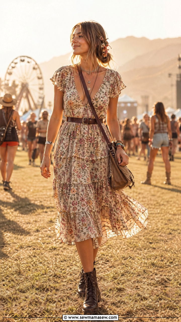 Floral Midi Dress with Combat Boots and Crossbody Bag - 35 cute music festival outfits
