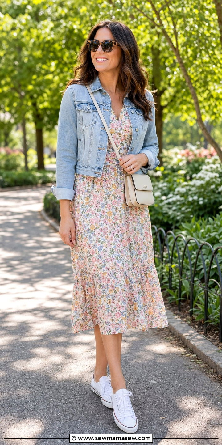 Floral Midi Dress with Cropped Denim Jacket and Sneakers - 35 outfit ideas for women over 30