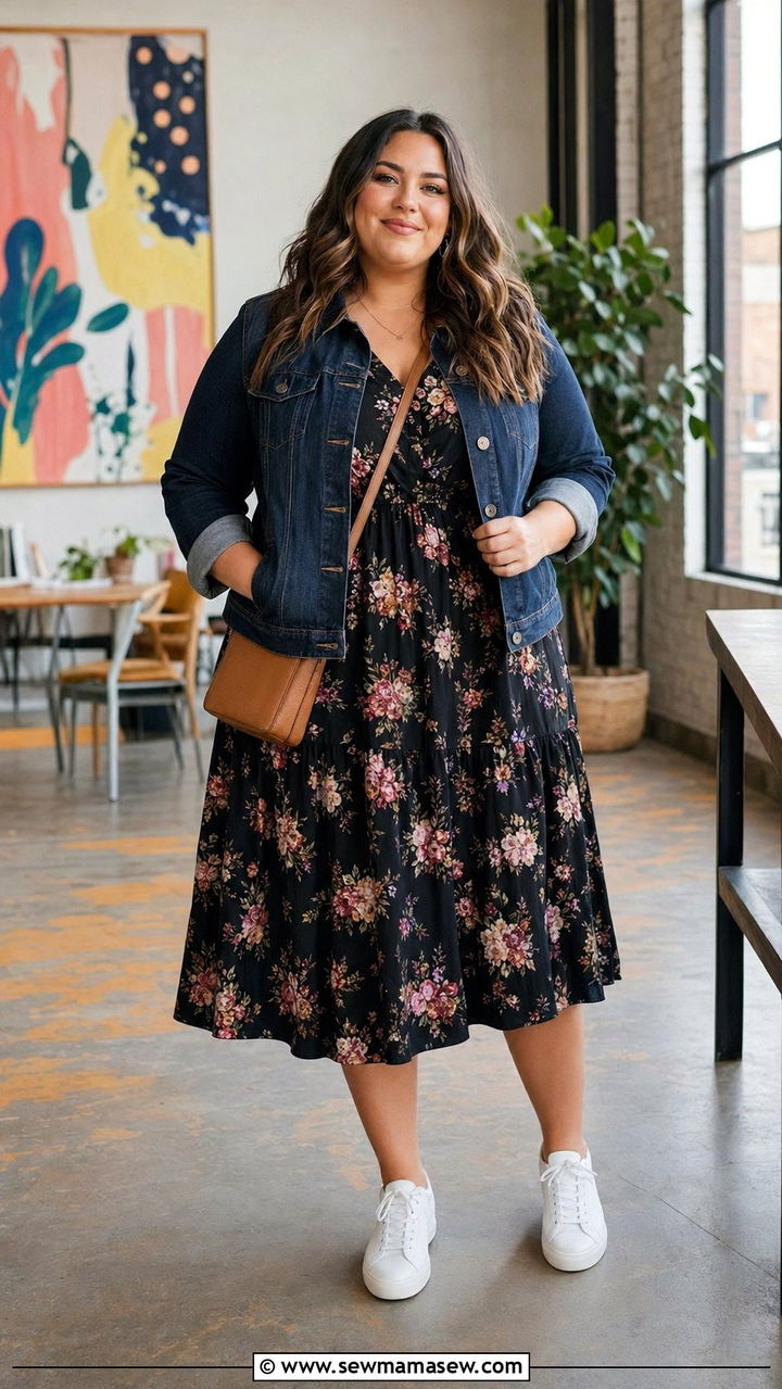 Floral Midi Dress with Denim Jacket - 30 Work outfits for plus size