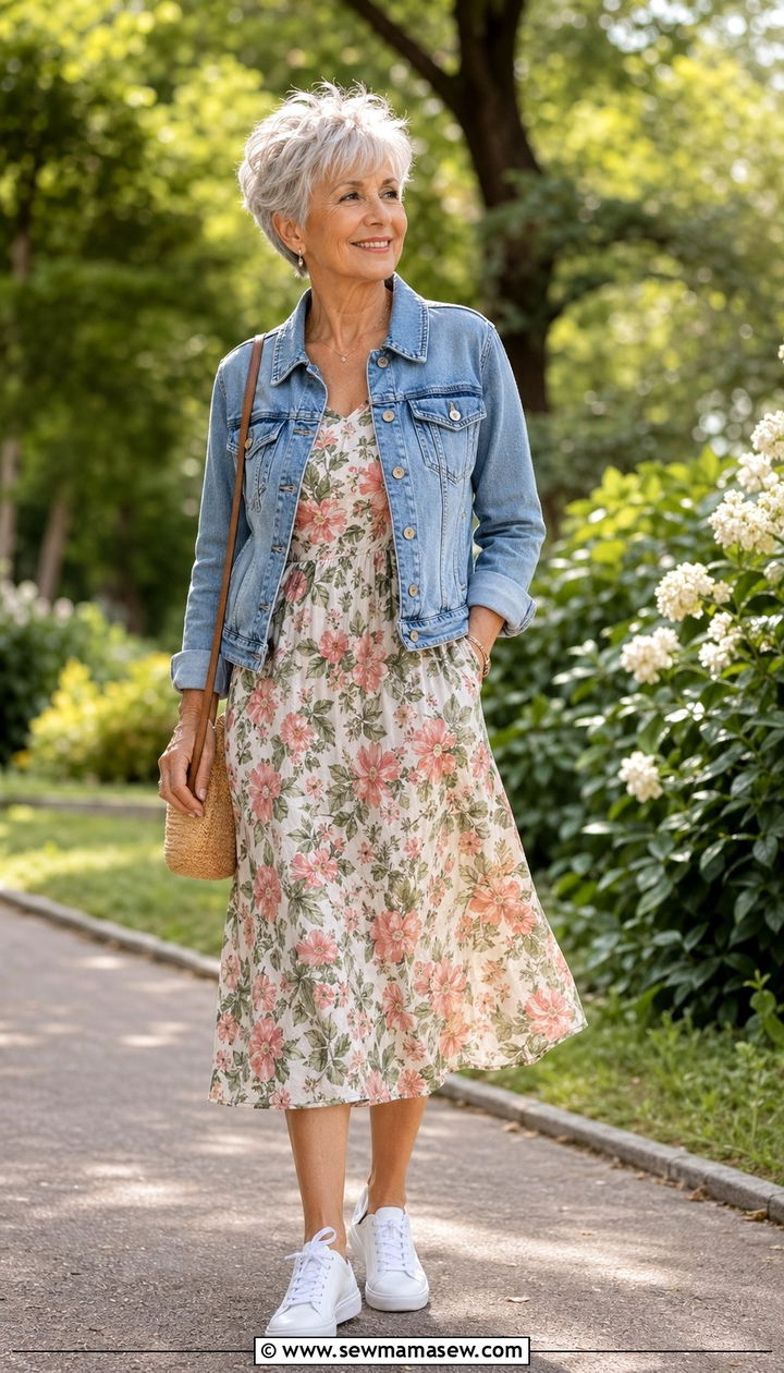 Floral Midi Dress with Denim Jacket - 35 Petite outfit ideas for women over 60