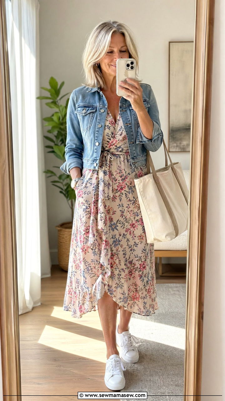Floral Midi Dress with Denim Jacket and White Sneakers - 35 Classy outfit ideas for women over 50