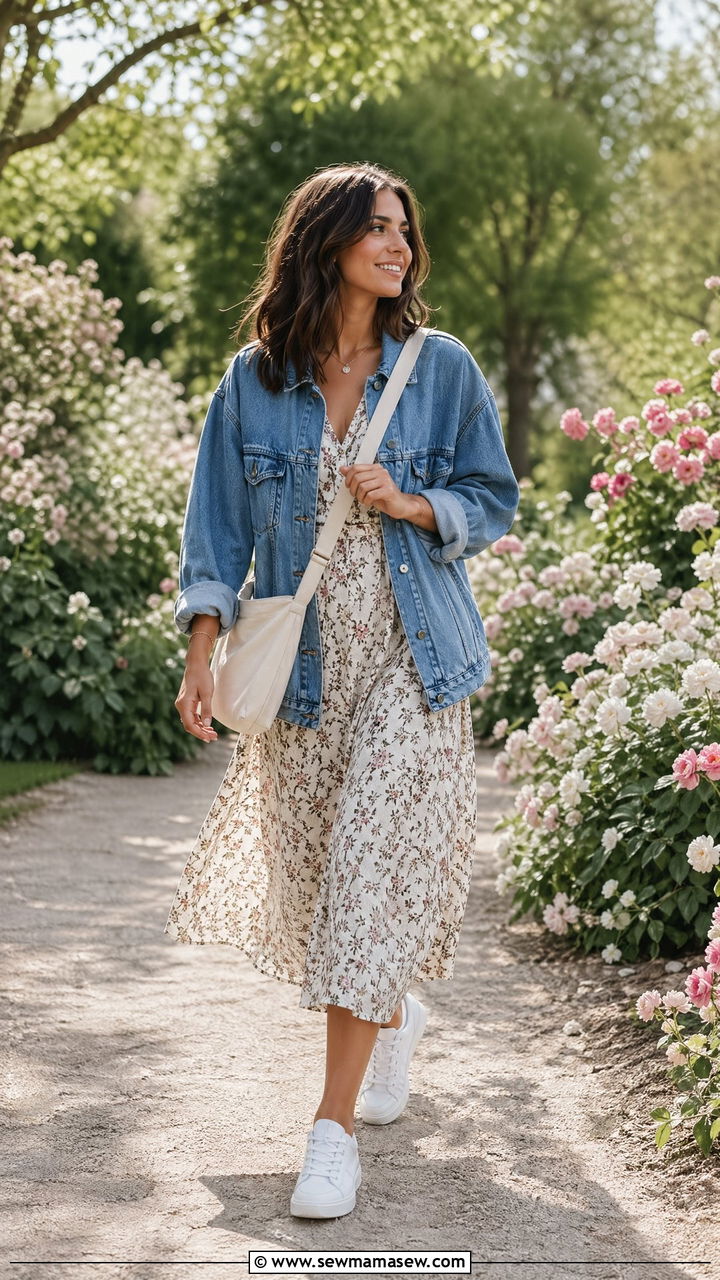Floral Midi Dress with Denim Jacket and White Sneakers - 35 Cool spring outfits