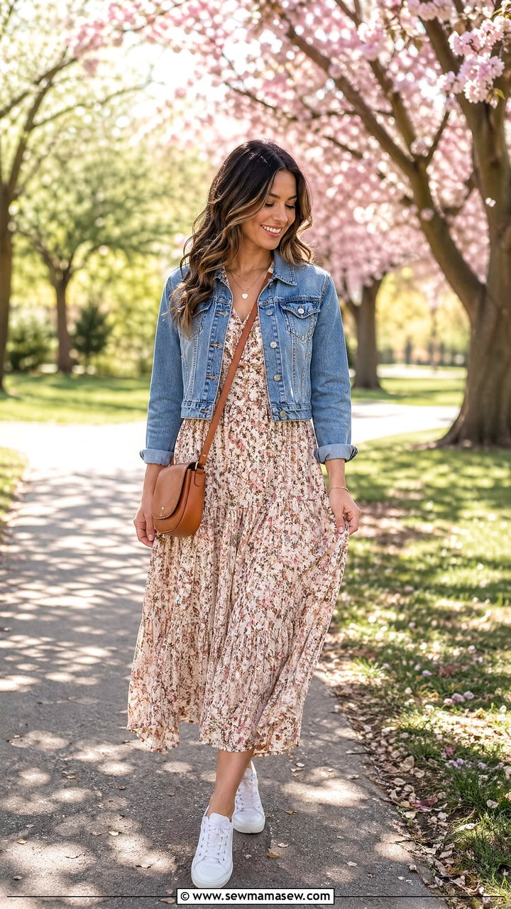 Floral Midi Dress with Denim Jacket and White Sneakers - 35 cute outfits for women