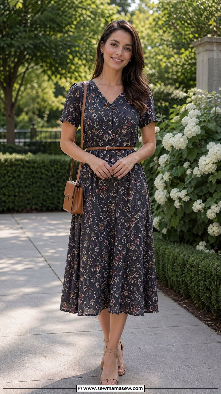 Floral Midi Dress with Heeled Sandals - 35 summer interview outfit ideas