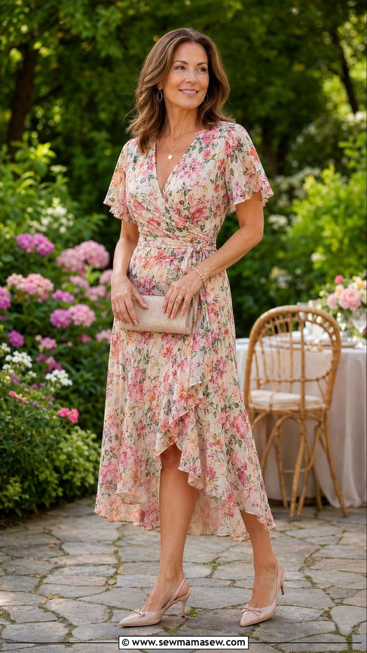 Floral Midi Dress with Heels Outfit for Women Over 40 - 30 Aesthetic outfit ideas for women over 40