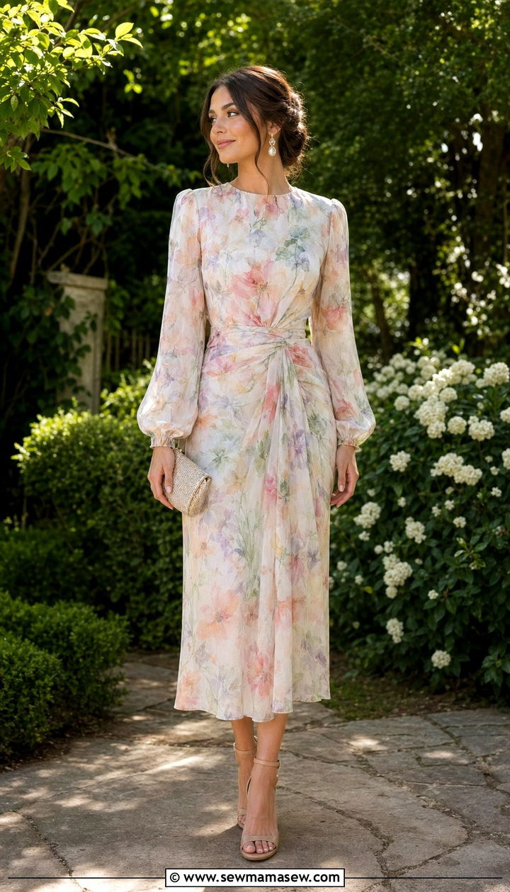 Floral Midi Dress with Heels Outfit - 35 modest outfit ideas for women