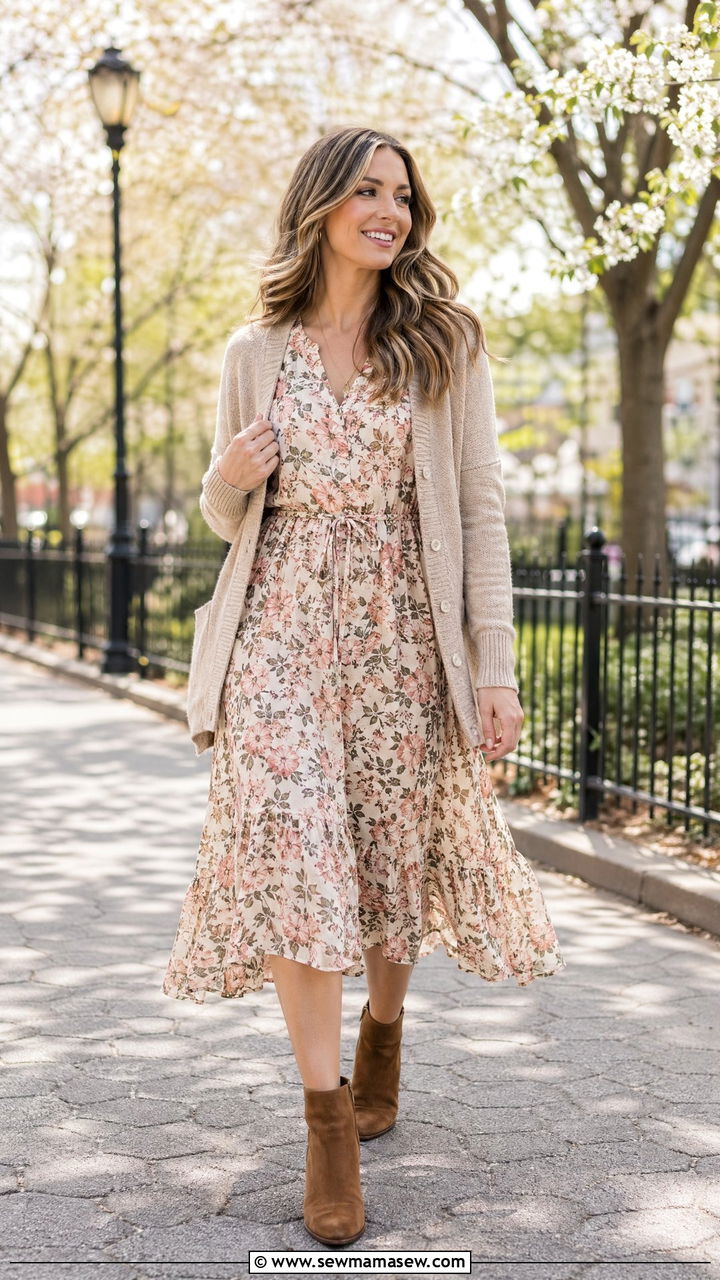 Floral Midi Dress with Light Cardigan and Ankle Boots - 35 spring elegant outfit ideas
