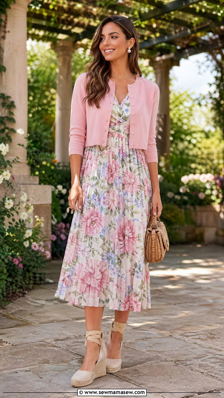 Floral Midi Dress with Lightweight Cardigan and Wedge Espadrilles - 35 spring preppy outfits
