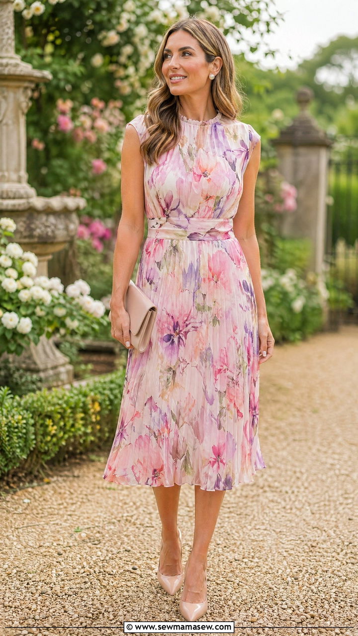 Floral Midi Dress with Nude Heels - 35 What to wear to a spring wedding