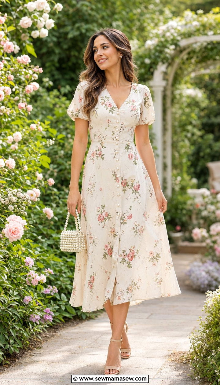 Floral Midi Dress with Pearl Button Details - 35 Old money vacation outfit ideas