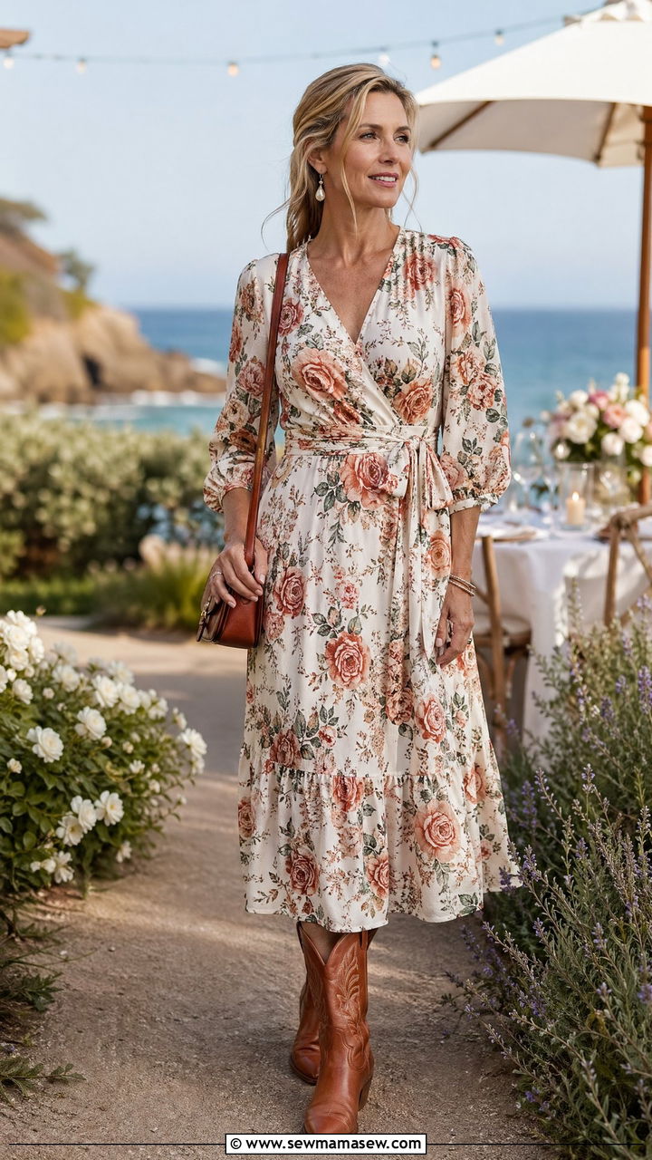 Floral Midi Dress with Pearls and Cognac Cowboy Boots - 35 coastal cowgirl outfit ideas for women over 40