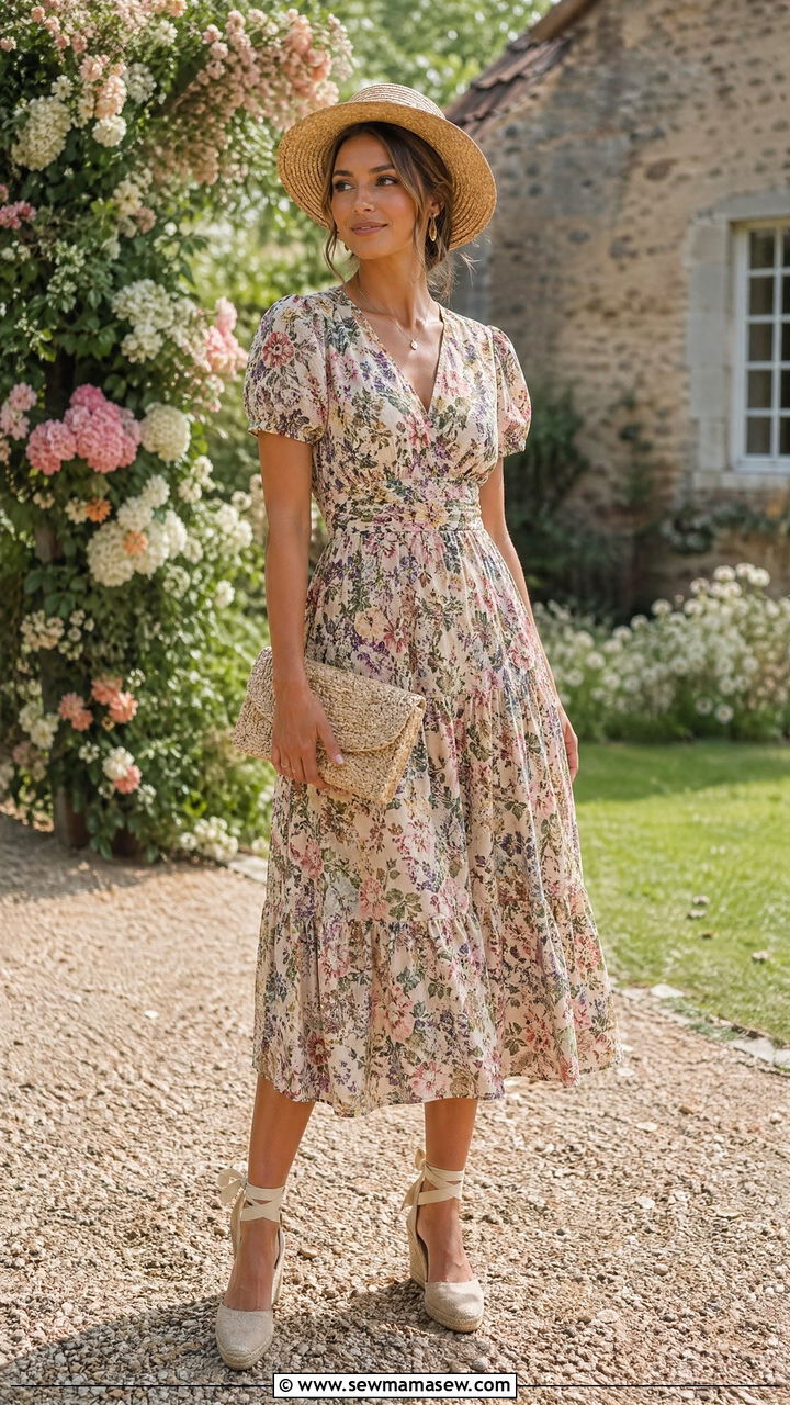 Floral Midi Dress with Straw Hat and Wedges - 35 Countryside wedding guest outfit ideas