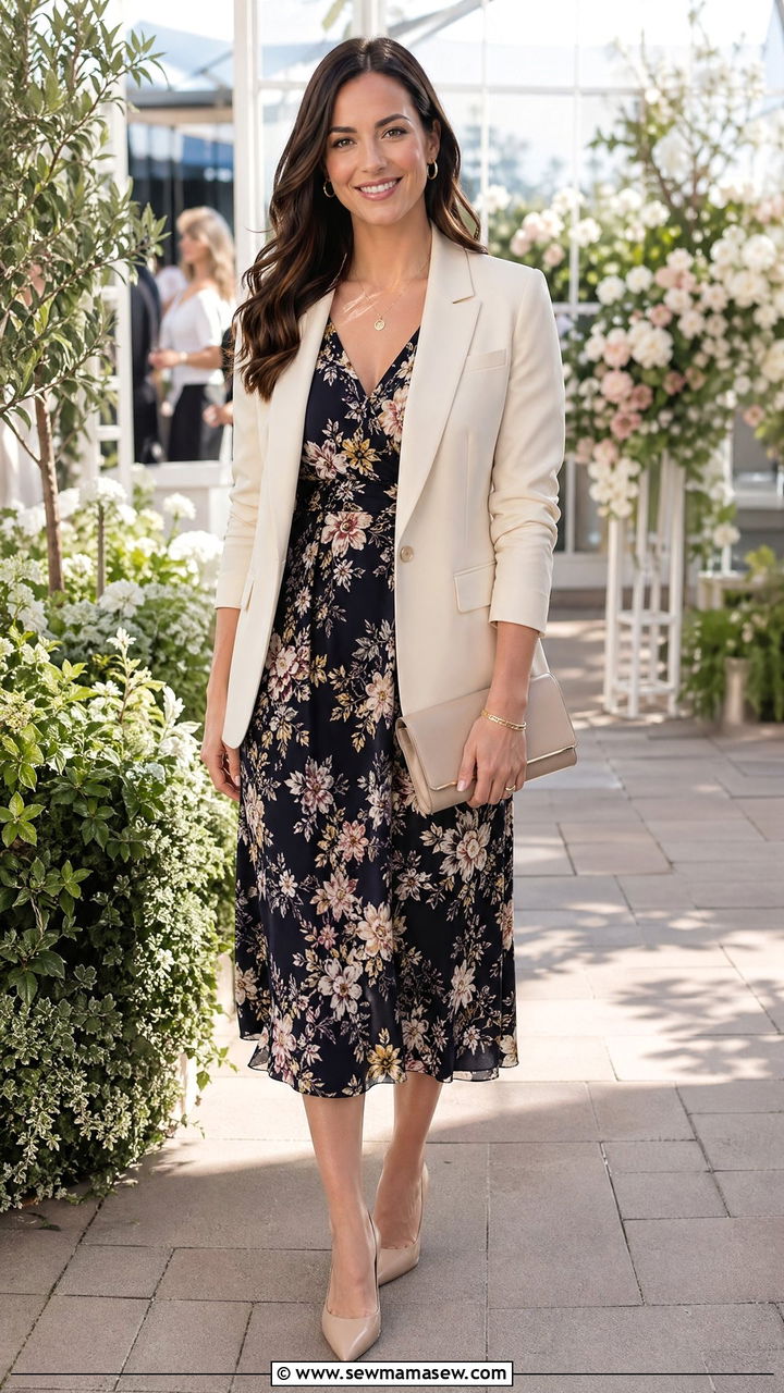 Floral Midi Dress with Structured Blazer - 35 Corporate event outfit ideas
