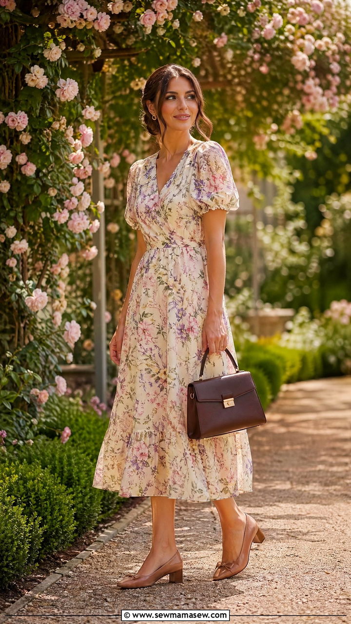Floral Midi Dress with Structured Handbag - 35 classy cute outfits