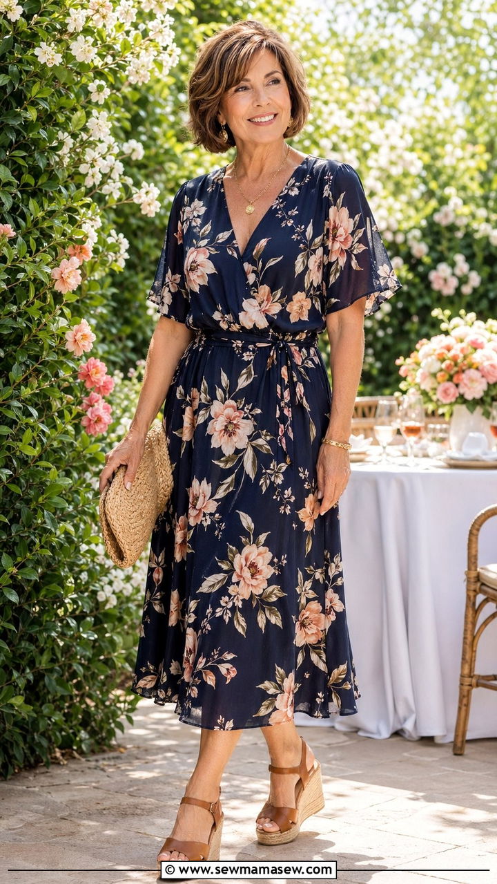 Floral Midi Dress with Wedge Sandals - 35 Night out outfit ideas women over 50