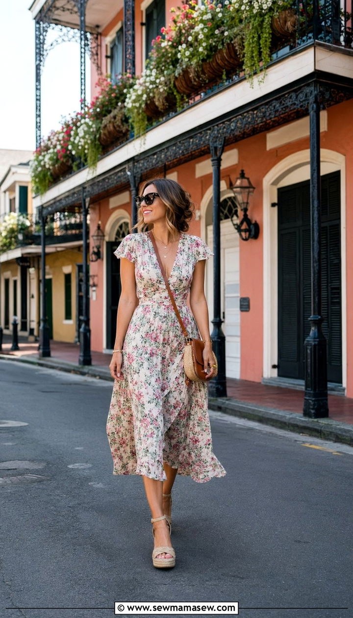 Floral Midi Dress with Wedges - 35 New Orleans outfit ideas