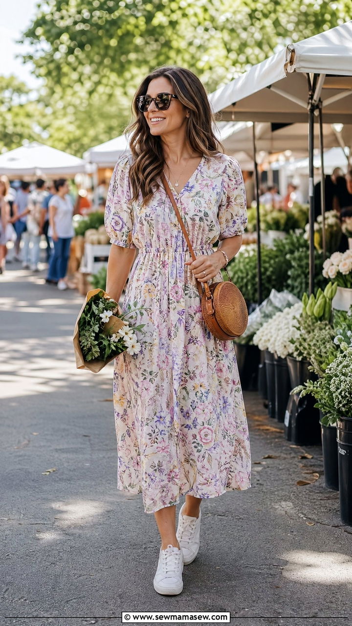 Floral Midi Dress with White Sneakers - 35 Spring mom outfit ideas