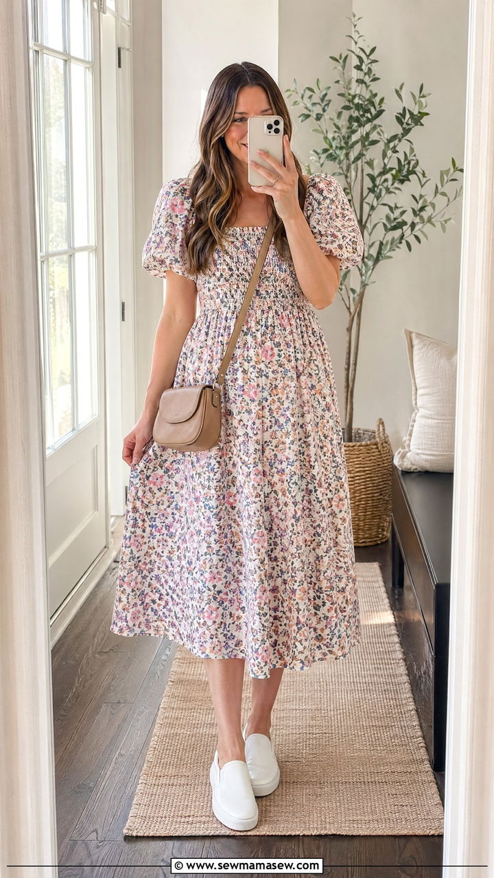 Floral Midi Dress with White Sneakers - 35 Spring outfits for stay at home moms